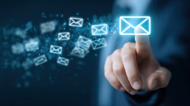 Finger touching glowing digital email icon amidst floating messages