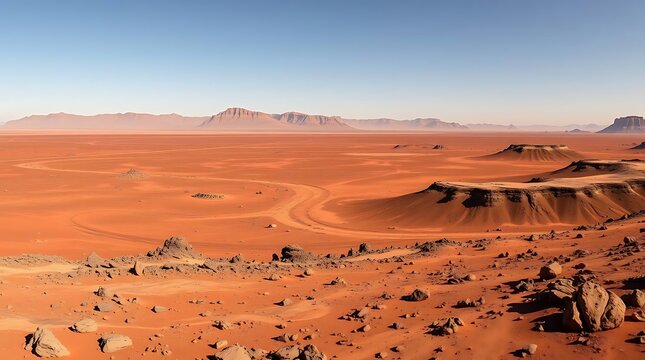 Ultra-realistic scientific survey of a Martian landscape, red rocky terrain, distant mountains, clear blue sky, panoramic view