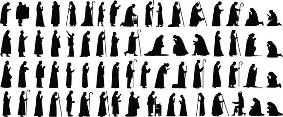 Silhouette, robed figures, ritual, storytelling, staff, cane, kneeling, sitting, standing, gesture, interaction, culture, tradition, teaching, worship, ceremony, devotion, ancient