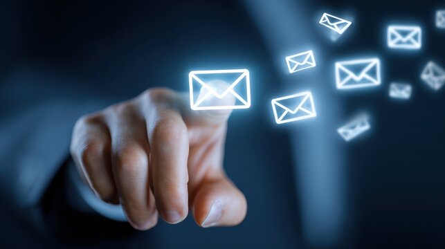 Finger touching glowing email icons on dark digital interface background