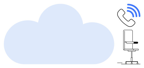 Large cloud shape with office chair and ringing phone for modern work environment. Ideal for remote work, technology, connectivity, collaboration, cloud services, telecommunication, simple flat