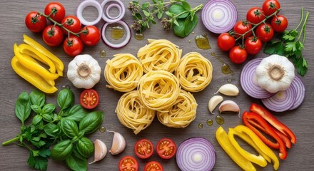 Fresh ingredients for a delicious italian pasta dish arranged artfully on a wooden surface