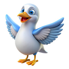 Fototapeta premium Cartoon white bird with blue wings and orange beak
