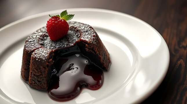 Ultra-realistic, food photography capturing a decadent chocolate lava cake with a molten center oozing out, served on a white ceramic plate with a raspberry garnish, sharp focus, rich dark tones