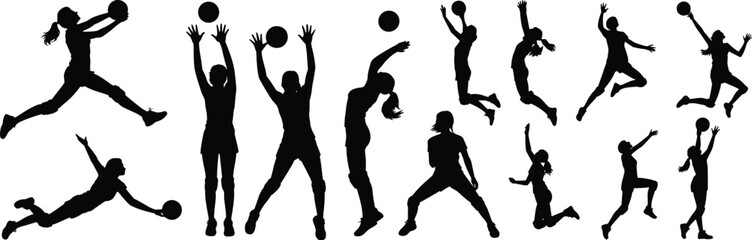 Volleyball silhouette, player action, jump spike, serve motion, set technique, dive defense, black figure, sport pose, athletic movement, team game, dynamic illustration, vector art