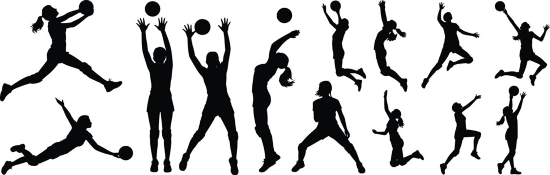 Volleyball silhouette, player action, jump spike, serve motion, set technique, dive defense, black figure, sport pose, athletic movement, team game, dynamic illustration, vector art