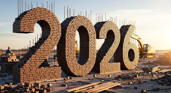 2026 constructed from brick work in a building new beginning and future development. Symbolic construction of the upcoming year for business.