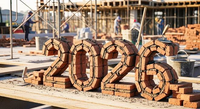 Happy New Year 2026 sign made with red bricks and cement at construction site. Building new future concept.