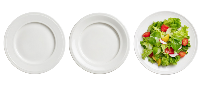 A series of three white plates, with the first two empty and the third filled with a vibrant, fresh salad featuring various greens, tomatoes, and colorful vegetables, set against a plain background