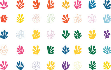 Collection of colorful abstract organic shapes and Matisse inspired cutouts isolated on transparent background


