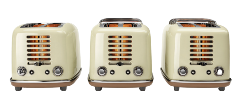 A vintage-style toaster trio showcasing their sleek design and golden-brown toast, set against a clean, minimalistic background, perfect for kitchen decor or appliance advertising