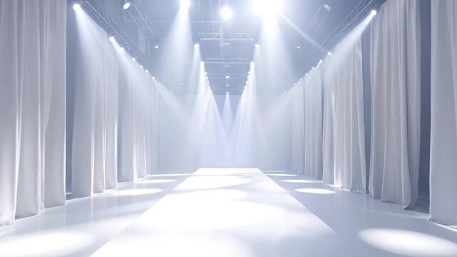 Illuminated white catwalk with dramatic spotlights and drapes, setting the scene for a high-fashion presentation or event