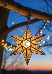 golden christmas star, Filipino star lantern lights up the night. Decorative ornament hangs from a branch. Glowing star-shaped light shines brightly creating festive vibes during holidays.