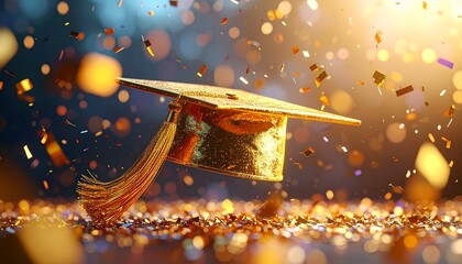 Golden Graduation Cap with Celebration Confetti