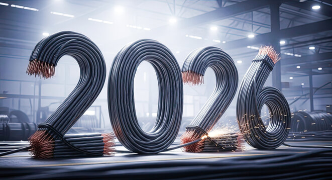 Number 2026 made from flexible electrical cable with copper cores, symbolizing innovation and technology for the production of cable products.