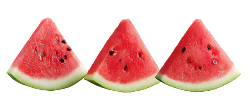 Freshly cut watermelon slices arranged in a row, showcasing vibrant red flesh and black seeds, with a clean white background, ideal for food-related presentations or recipes