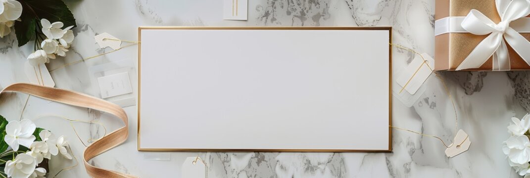 Elegant black friday sales concept with gift wrap and ribbon on marble surface. Template, mock-up for pharmacy, drugstore, cosmetics store, beauty salon. Horizontal banner. Copy space