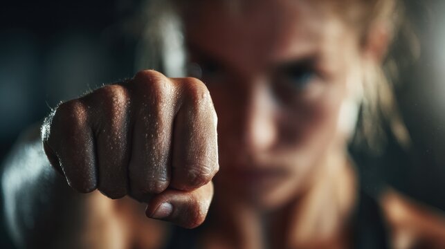 Sweaty clenched fist thrown forward in dark dramatic lighting.