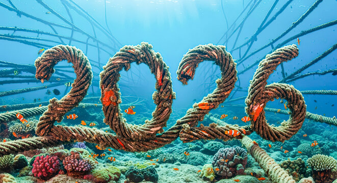 Underwater data and communication cable artfully forms the number 2026, surrounded by vibrant coral reef and tropical fish for a future outlook.
