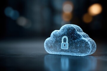 Glowing digital cloud icon with padlock on dark surface.