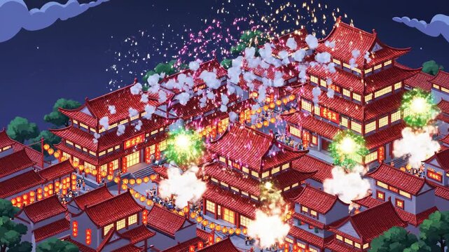 Traditional Asian Townscape Illuminated by Vibrant Fireworks and Lanterns During a Festive Celebration