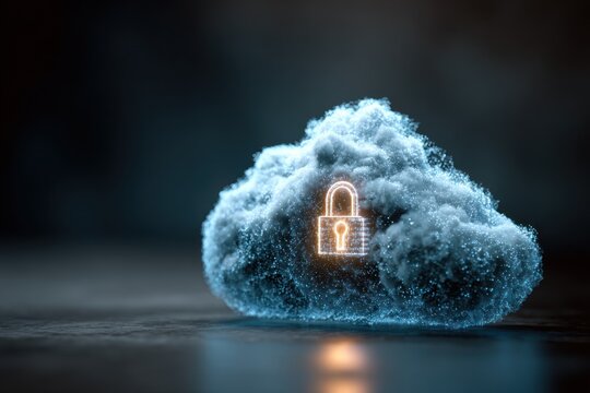 Glowing digital cloud with a padlock symbol on dark background.