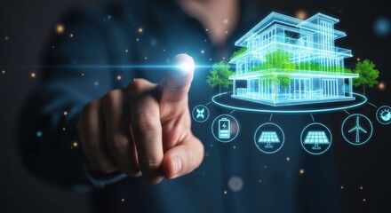 Smart home technology concept with a holographic house, solar panels, and wind turbine icons