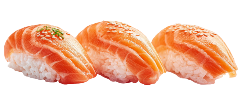 A close-up view of three expertly crafted sushi nigiri topped with fresh salmon, served on a clean white plate, showcasing the art of Japanese cuisine in a vibrant culinary setting - Powered by Adobe