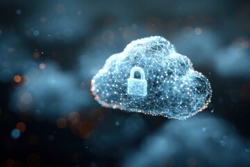 Digital cloud network structure with glowing padlock symbol.