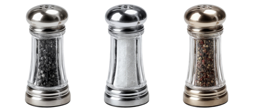 Three elegant salt and pepper shakers made of glass and metal, showcasing a modern design, placed against a plain background, ideal for culinary presentations or kitchen decor