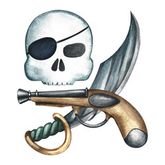 Fototapeta premium Pirate theme. Skull with an eyepatch, a pistol, and a cutlass. Hand-drawn watercolor illustration. Symbol of danger and death for logos, warning signs. For packaging, labels, games, stickers, and more