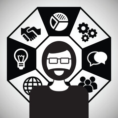 Man with diverse business icons representing growth and success