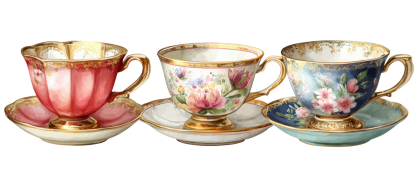A beautifully arranged set of three vintage teacups with intricate floral designs and gold accents, placed on saucers, showcasing elegance in a bright, neutral background suitable for tea time themes