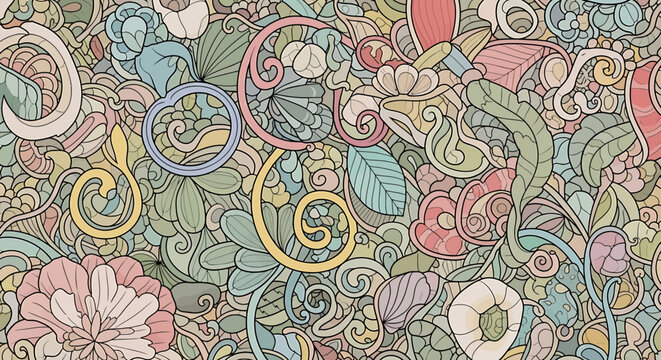 An intricate, hand-drawn seamless pattern of whimsical flowers, leaves, and swirls in soft pastel colors.