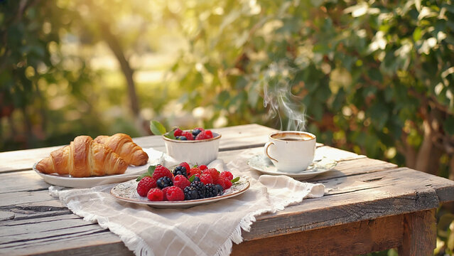 Photorealistic outdoor breakfast with buttery croissants, fresh berries and steaming coffee on rustic white table in warm morning sunlight