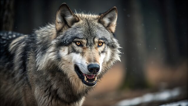 Gray Wolf Close-Up with Intense Gaze – Detailed Wildlife Portrait. - Powered by Adobe