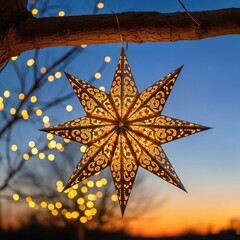 golden christmas star, Filipino star lantern lights up the night. Decorative ornament hangs from a branch. Glowing star-shaped light shines brightly creating festive vibes during holidays.