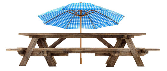 A rustic wooden picnic table with a vibrant blue and white checkered umbrella, set against a plain background, ideal for outdoor gatherings, family picnics, or summer events