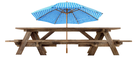 A rustic wooden picnic table with a vibrant blue and white checkered umbrella, set against a plain background, ideal for outdoor gatherings, family picnics, or summer events