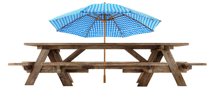A rustic wooden picnic table with a vibrant blue and white checkered umbrella, set against a plain background, ideal for outdoor gatherings, family picnics, or summer events