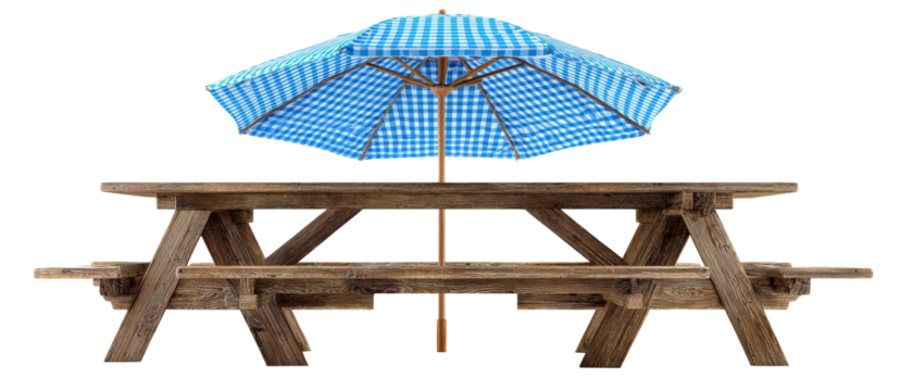 A rustic wooden picnic table with a vibrant blue and white checkered umbrella, set against a plain background, ideal for outdoor gatherings, family picnics, or summer events