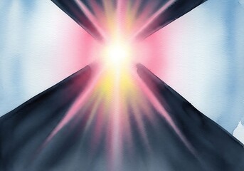 Abstract watercolor artwork featuring a burst of light and converging shapes