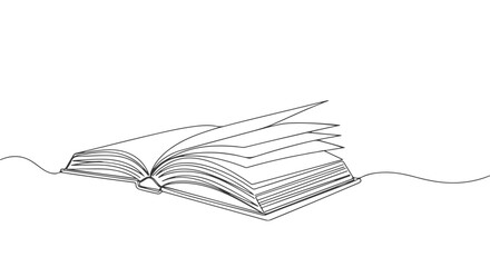 Elegant one single continuous line drawing of an open book with pages fanning out, a symbol of knowledge and literature
