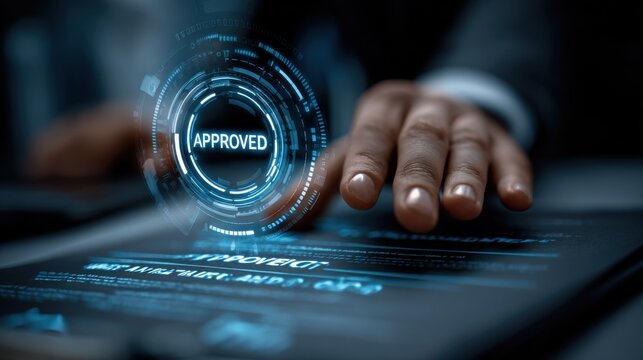 A business professional reaches toward a digital interface displaying a glowing “Approved” hologram, symbolizing successful authorization and secure validation - Powered by Adobe