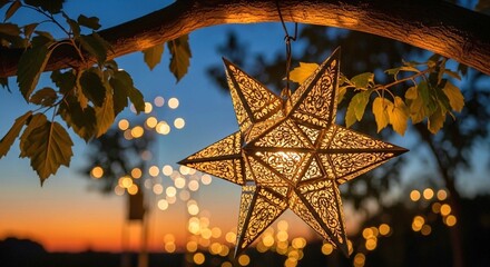 golden christmas star, Filipino star lantern lights up the night. Decorative ornament hangs from a branch. Glowing star-shaped light shines brightly creating festive vibes during holidays.