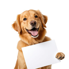 Happy dog holds a blank sign, smiling on a black background