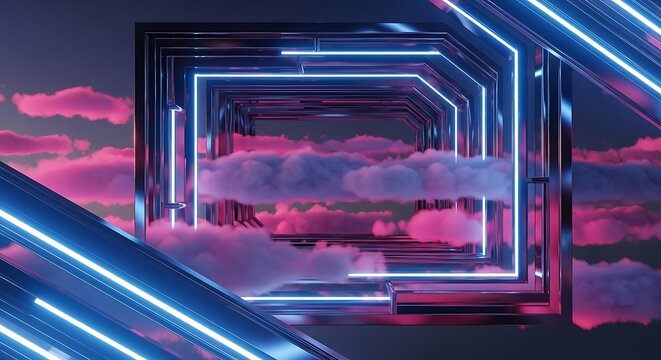 Abstract geometric tunnel with neon lights and fluffy clouds within, dreamscape