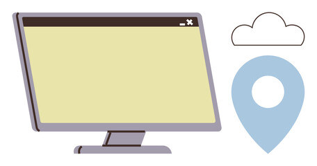 Computer monitor with location pin and cloud icon representing online navigation, data storage, and tech services. Ideal for technology, cloud storage, GPS, online tools, remote work, connectivity