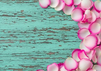 a beautifully textured teal wooden background is adorned with scattered pink rose petals creating a soft and romantic aesthetic appeal