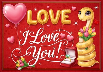 a vibrant illustration depicts a golden snake holding tulips and a gift box with a ring alongside heart shaped balloons and love
